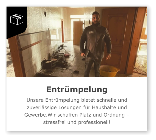 Entrümpelung + Unsere Entrümpelung bietet schnelle und zuverlässige Lösungen für Haushalte und Gewerbe.Wir schaffen Platz und Ordnung – stressfrei und professionell!